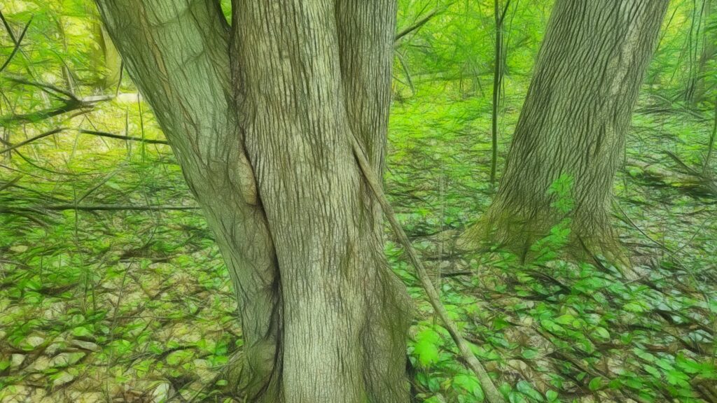 Mature trees tinted green by the light through their own leaves and those of all the smaller plants below