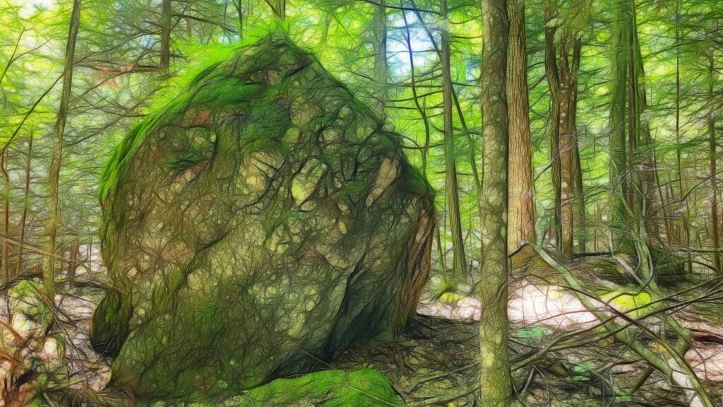 Large boulder in woods with bright sunlit moss on top, late summer.