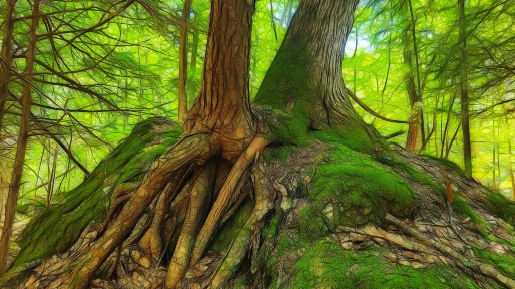 Two trees growing directly on a large boulder, one with raised roots where a stump it grew on rotted away.